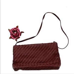 Vintage REVA Woven Faux Leather Crossbody Purse Bag | Burgundy Maroon Fold Over